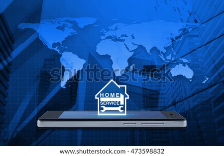 Hammer and wrench with house icon on modern smart phone screen over map and city tower background, Home service concept, Elements of this image furnished by NASA