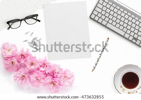 Pretty Styled Desktop Mockup flat lay stock photography, white background, notepaper, great for lifestyle bloggers and small businesses