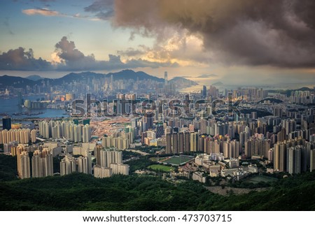 Cityscape after sunrise from top view of Hongkong