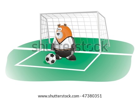 bear soccer goalkeeper in front of the goal with soccer-ball	 	 	 	 	 	 	 	