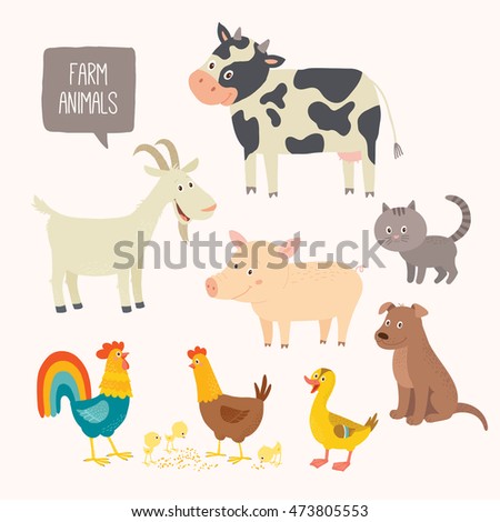 Set of cute farm animals. Vector hand drawn eps 10 clip art illustration isolated on white background.