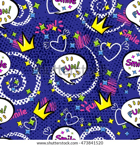 Abstract seamless pattern for girls,boys, clothes. Creative vector background with pop art comics speech bubbles, clouds,words..Funny wallpaper for textile and fabric. Fashion style. Colorful bright.