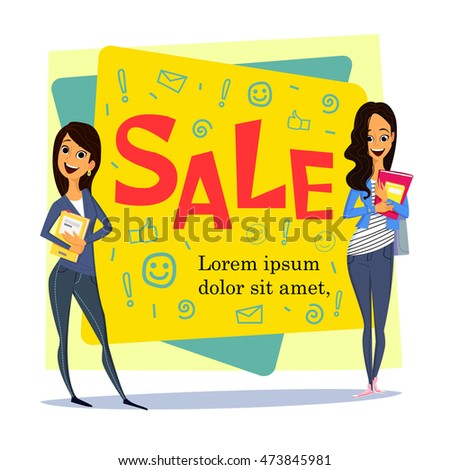 sale poster for students theme isolated on white background.Cute and simple flat cartoon style.cheerful of girls standing with books.young character. elements for design. personage. person. Lifestyle