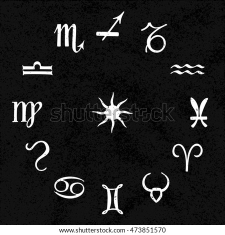 Set of 12 Astrology Zodiac Signs Aries Taurus Gemini Cancer Leo Virgo Libra Scorpio Sagittarius Capricorn Aquarius Pisces - White Elements on Black Paper Background - Pictogram Symbol Silhouette Style