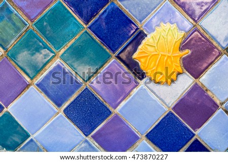 Colorful Ceramic Tile Background with Golden Leaf Inset.  Shapes, colors, and smooth textures to compliment any project.