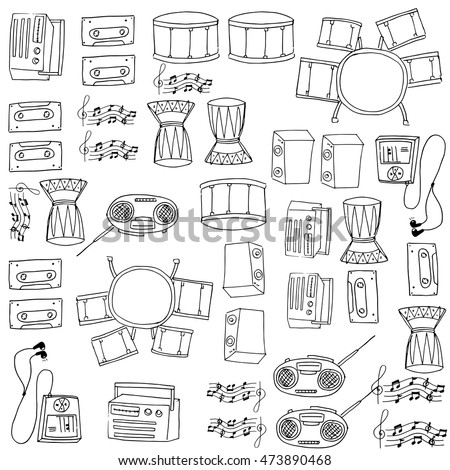 Doodle of music tools pack hand draw collection vector