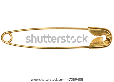 Photo of golden safety pin isolated on white background. Clipping path included. Royalty-Free Stock Photo #47389408