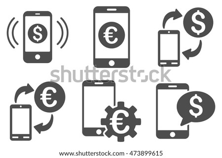 Mobile Banking vector icons. Pictogram style is gray flat icons with rounded angles on a white background.