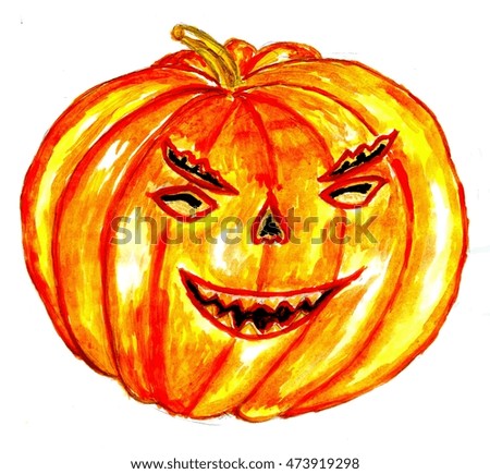 Watercolor illustration of a pumpkin with face for Halloween.