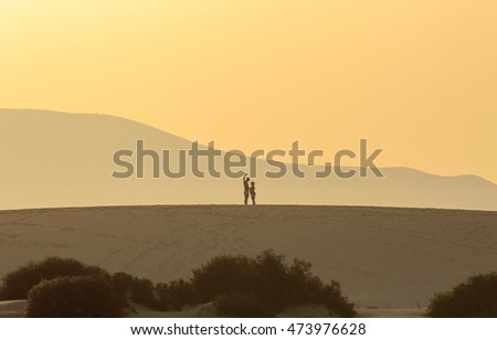 Photo on the sand dunes - Silhouette of a couple taking a picture on a sand dune