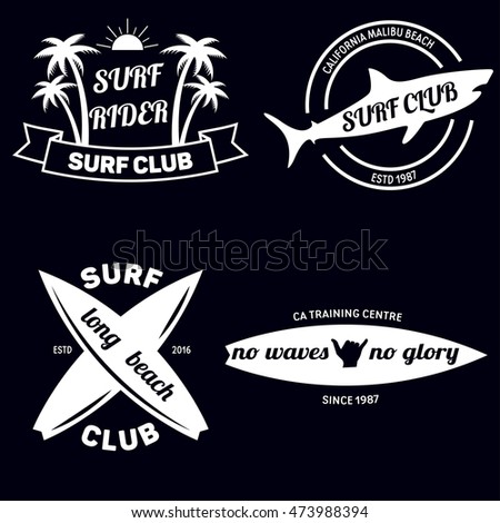 Surfing related labels set. Surf club emblems. Surfboards with quotes. Vector vintage illustration.