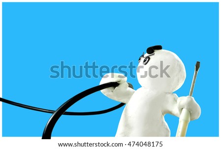 Electrician Expert Success action Repair Sculpture cartoon hand held is high voltage lines and repairman screwdriver Clay Floating Sculpture Acting Design background landscape is electric pole blur