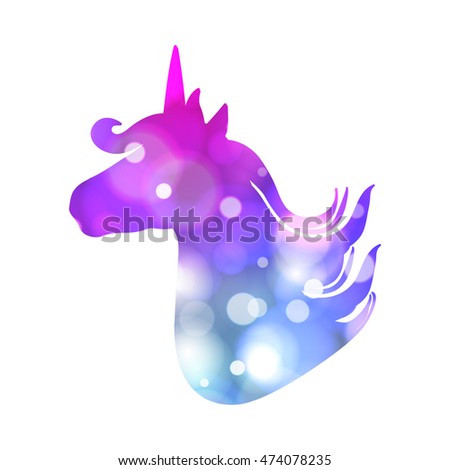 Colorful patch with unicorn silhouette, bright colors. Background under clipping mask. Hand drawn vector Illustration for kid textile, card, pin, t-shirt print design. Fashion trend badge.