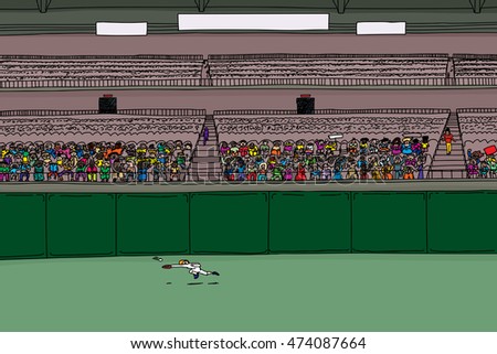Outfielder leaping for ball in large cartoon illustration of stadium with blank scoreboard signs