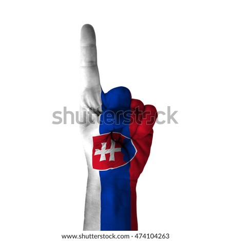 Hand pointing thumb up direction, slovakia painted with flag as symbol of up direction, first and number one symbol - isolated on white background