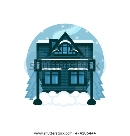 Vector element for design. Illustration of winter flat house with street lamp, cartoon landscape with snow, drift, pine tree, Christmas tree, deep blue sky, stars, northern lights 9 from 9