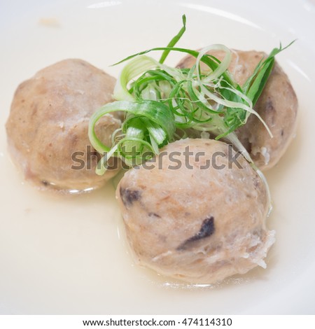 vegatable and pork meat ball in soup (focus vegetable) Royalty-Free Stock Photo #474114310