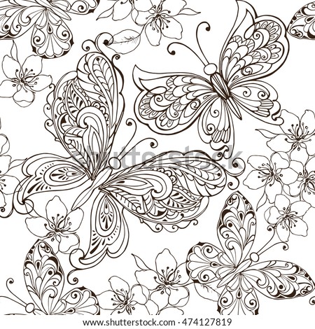 Hand drawn flowers and butterflies for the anti stress coloring page. Floral seamless ornament with butterflies monochrome.