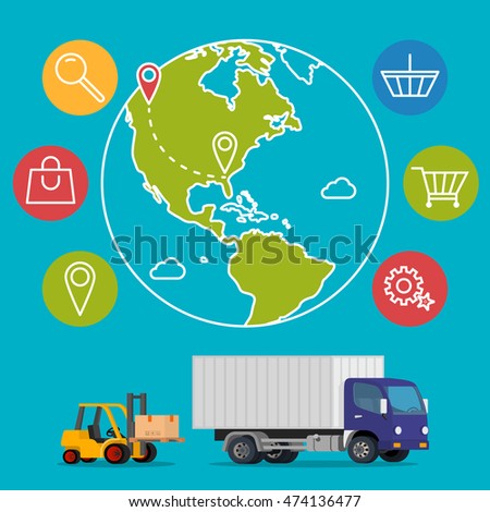  delivery service concept background. Logistics in business and industry. Vector illustration on global commercial shipping with cargo semi truck and modern icons on shopping and E-commerce
