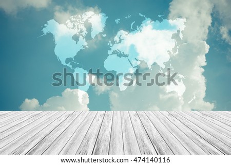 Nature cloudscape with blue sky and white cloud with Wood terrace and world map , process in vintage style (Outline elements of world map image from NASA public domain)