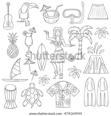 Vector illustration with cartoon hand drawn hawaii icons. Tropical island summer travel. Beach life, relaxation, palm, Hawaii tourism. Vector hand drawn cartoon vacation icons