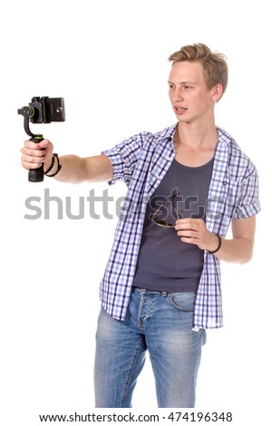 Man holds mobile phone on gimbal. Isolated on white.