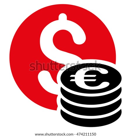 Dollar and Euro Coins icon. Vector style is bicolor flat iconic symbol, intensive red and black colors, white background.