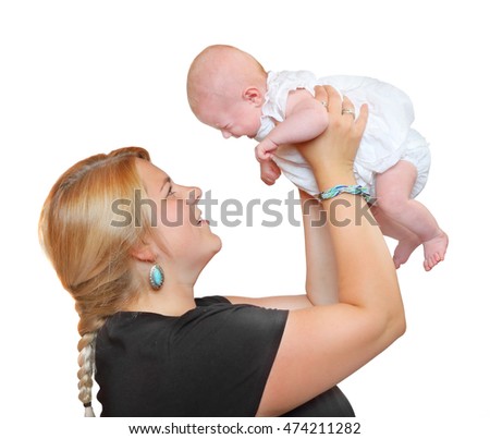Obese mother with her newborn baby on white background. Lifestyle picture. Parenthood and child care concept.