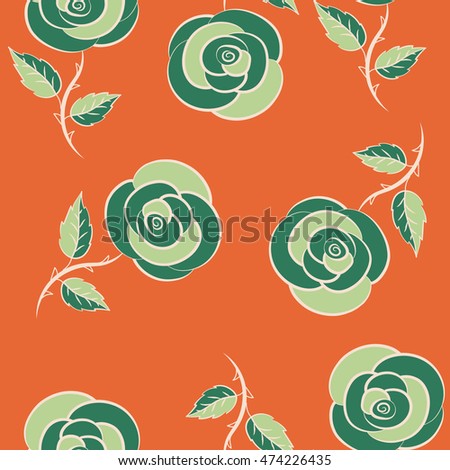 Summer Vintage Floral Greeting Card with Blooming green, orange and beige Rose flowers. Botanical natural seamless pattern, watercolor style in green, orange and beige colors.