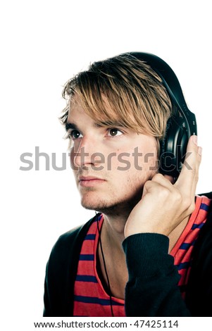 young man with headphones, isolated on a white background