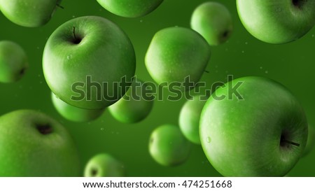 Falling green apples and water drops. 3D rendering