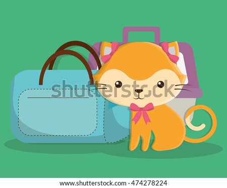 cat with basket bag, cartoon pet animal con. Colorful and flat design. Vector illustration