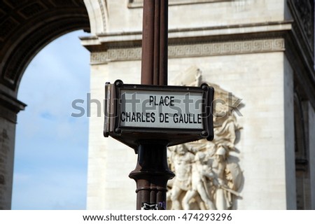 Place Charles de Gaulle  in Paris, France. The sign on the background of the Arc de Triomphe