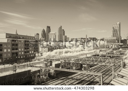 Infrared view of London City and railway tracks.