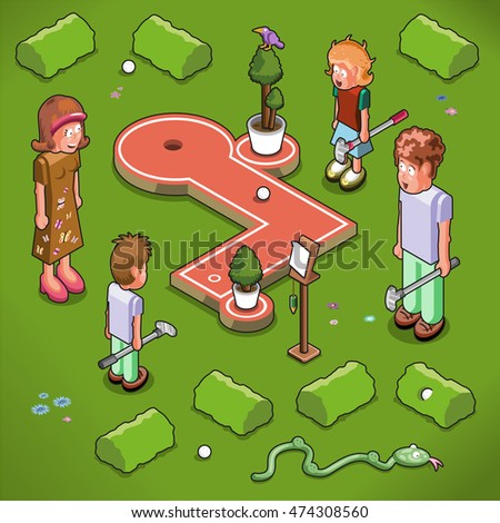 Family of four playing outdoor mini golf (isometric view)