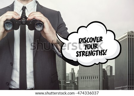 Discover your strenghts text on speech bubble with businessman holding binoculars