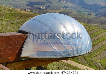Architecture, Grape of Ceretto winery in the Langhe. Royalty-Free Stock Photo #474336991