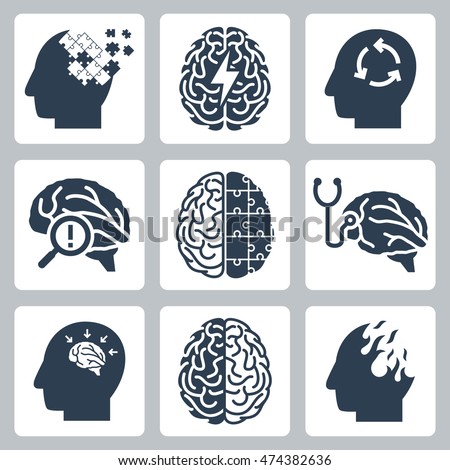 Brain degenerative diseases, memory loss related icon set