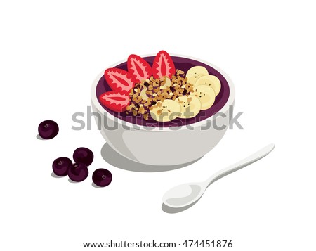 acai special: delicious and healthy meal of acai cream bowl with strawberry, granola and banana on top Royalty-Free Stock Photo #474451876