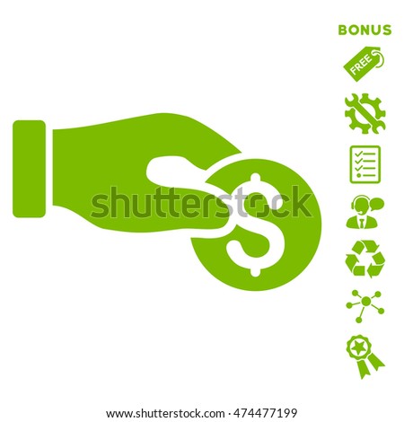 Coin Donation icon with bonus pictograms. Glyph illustration style is flat iconic symbols, eco green color, white background, rounded angles.