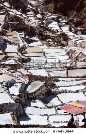 Salt ponds in Maras Peru covering a hillside with rich minerals and a economy boost for the country and people