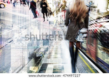 multiexposured picture of people, city buildings and metro train