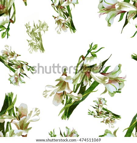 white lilies watercolor pattern on grey blue