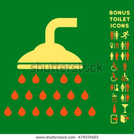 Shower icon and bonus gentleman and lady WC symbols. Vector illustration style is flat iconic bicolor symbols, orange and yellow colors, green background.