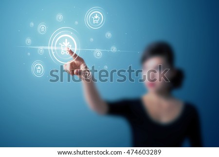 Businesswoman pressing promotion and shipping type of modern buttons