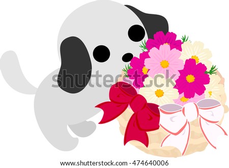 The cute dog and a flower basket