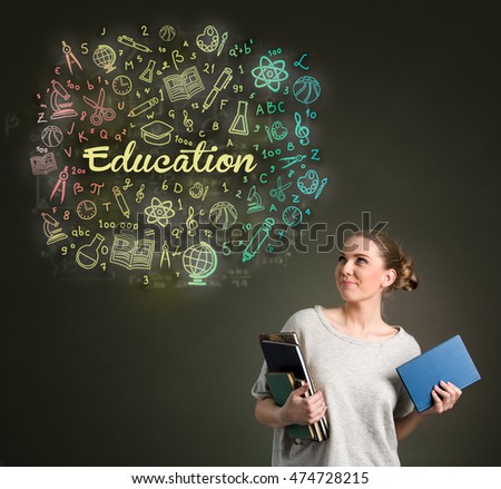 concept education - young female student with education clouds  