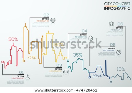 Modern infographic option concept with colorful thin line city shapes. Vector. Can be used for workflow layout, banner, diagram, web design, infochart template.