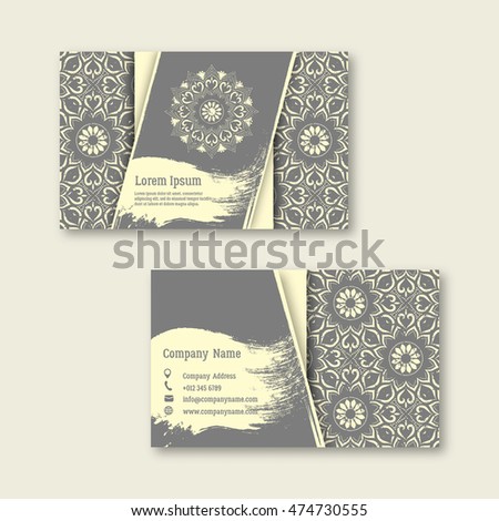 Set of business, visiting, greeting cards with hand drawn mandala pattern. Vintage oriental style with grunge effect. Indian, asian, arabic, islamic, ottoman motif. Vector illustration.