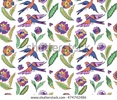 Floral seamless background pattern with flowers and birds. Colorful vector illustration hand drawn. Spring - summer season.